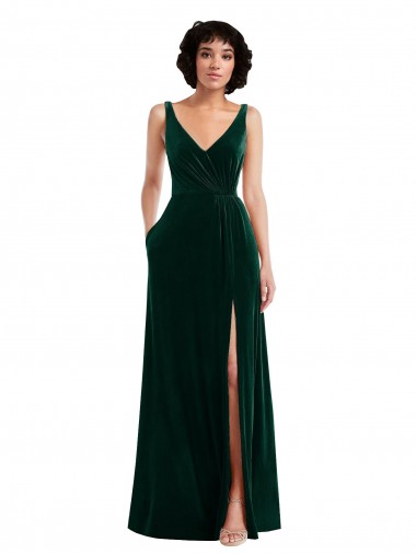 V-Neck Long Stretch Velvet Dark Green Sleeveless Bridesmaid Dress / Evening Dress Darwin
