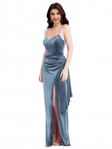 Sweetheart Long Stretch Velvet Dusty Blue Sleeveless Formal Evening Gown / Prom Dress / Bridesmaid Dress Darwin