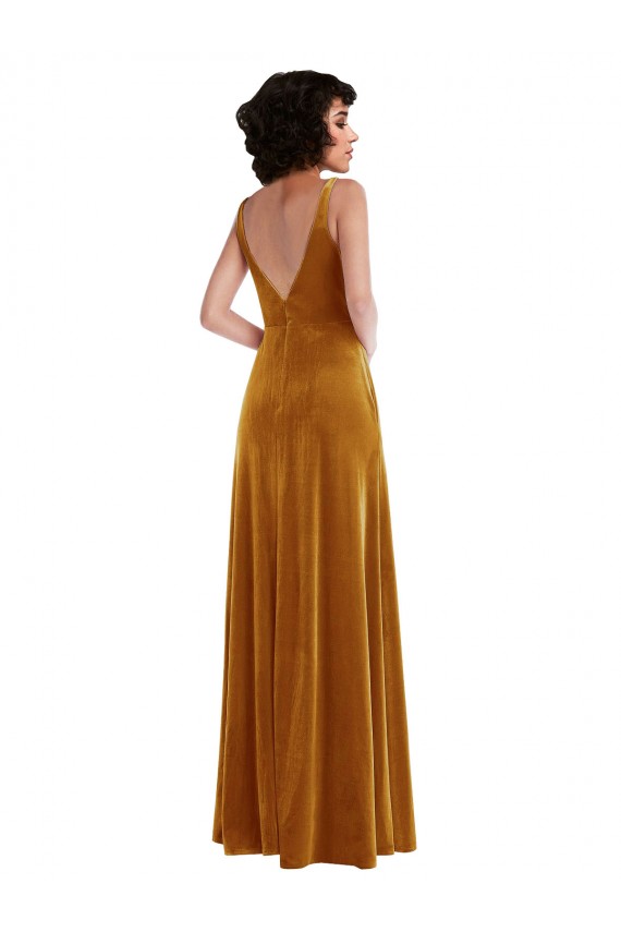 V-Neck Long Stretch Velvet Gold Sleeveless Semi Formal Evening Dress / Prom Dress / Bridesmaid Dress Darwin