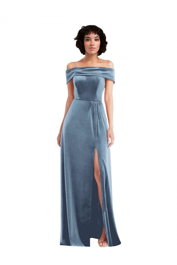 Off the Shoulder Long Stretch Velvet Dusty Blue Sleeveless Semi Formal Evening Dress / Prom Dress / Bridesmaid Dress Darwin