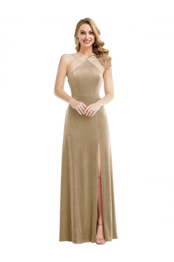 High Neck Long Stretch Velvet Champagne Sleeveless Semi Formal Evening Dress / Prom Dress / Bridesmaid Dress Darwin