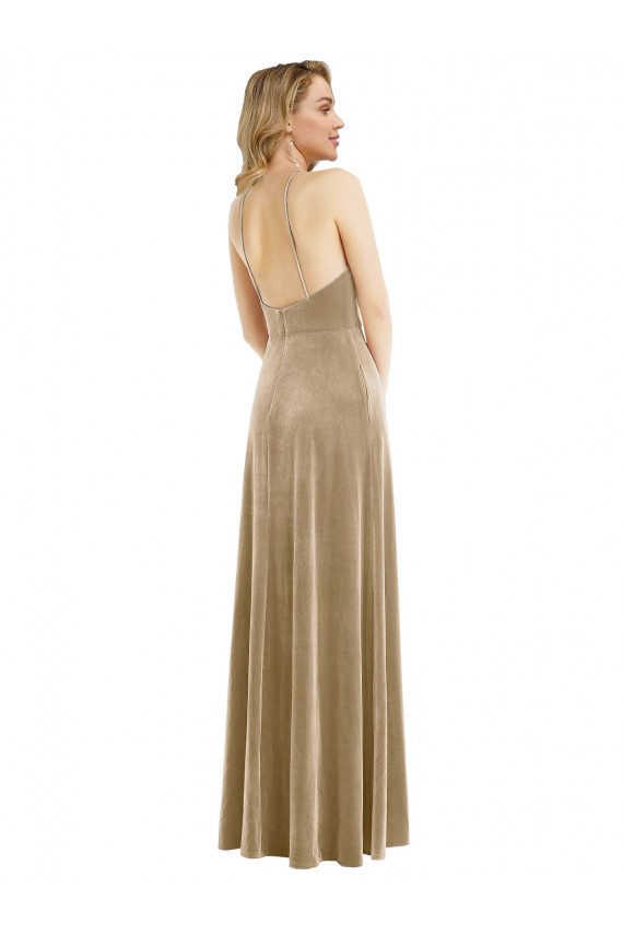 High Neck Long Stretch Velvet Champagne Sleeveless Semi Formal Evening Dress / Prom Dress / Bridesmaid Dress Darwin
