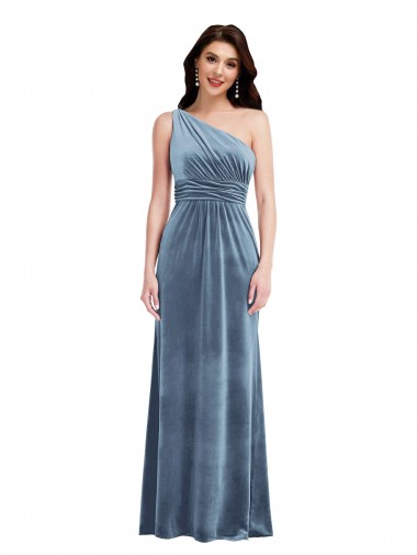 Off the Shoulder Long Stretch Velvet Dusty Blue Sleeveless Bridesmaid Dress / Evening Dress Darwin