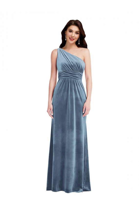 Off the Shoulder Long Stretch Velvet Dusty Blue Sleeveless Bridesmaid Dress / Evening Dress Darwin