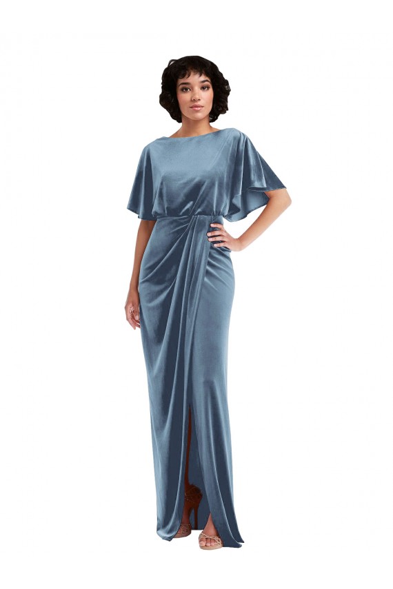 Long Stretch Velvet Dusty Blue Flutter Sleeves Semi Formal Evening Dress / Prom Dress / Bridesmaid Dress Darwin