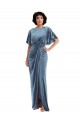 Long Stretch Velvet Dusty Blue Flutter Sleeves Semi Formal Evening Dress / Prom Dress / Bridesmaid Dress Darwin