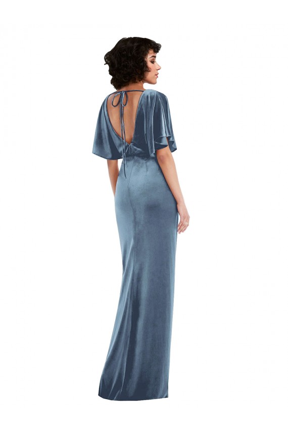 Long Stretch Velvet Dusty Blue Flutter Sleeves Semi Formal Evening Dress / Prom Dress / Bridesmaid Dress Darwin
