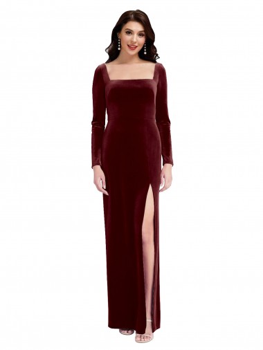 Square Neck Long Stretch Velvet Burgundy Long Sleeves Prom Dress / Bridesmaid Dress Darwin