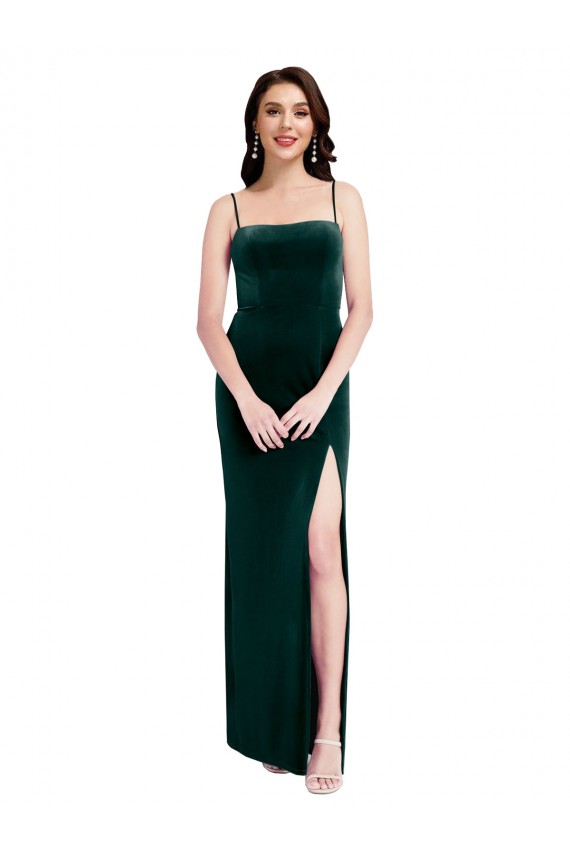 Square Neck Long Stretch Velvet Dark Green Sheath Sleeveless Prom Dress / Bridesmaid Dress Darwin
