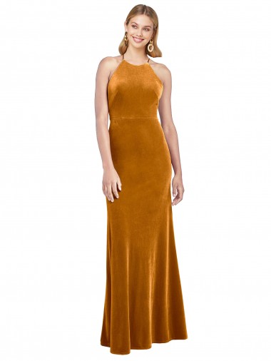 High Neck Long Stretch Velvet Gold Sleeveless Formal Evening Gown / Prom Dress / Bridesmaid Dress Darwin
