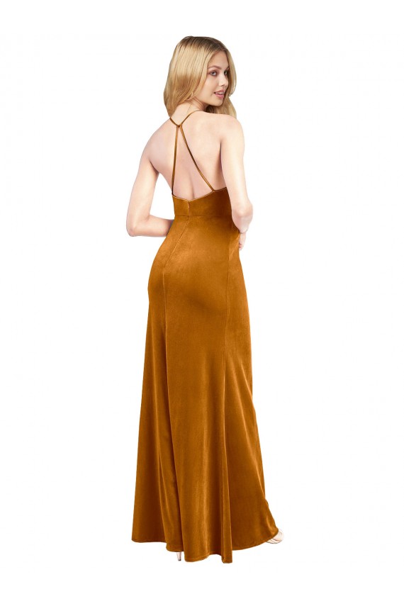 High Neck Long Stretch Velvet Gold Sleeveless Formal Evening Gown / Prom Dress / Bridesmaid Dress Darwin