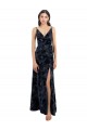V-Neck Long Floral Velvet & Stretch Velvet Dark Navy Sleeveless Bridesmaid Dress Darwin