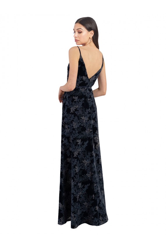 V-Neck Long Floral Velvet & Stretch Velvet Dark Navy Sleeveless Bridesmaid Dress Darwin