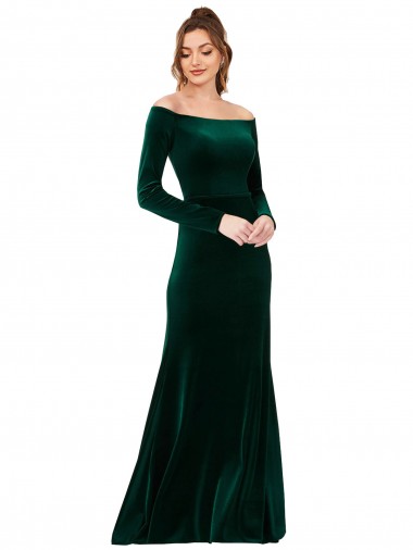 Off the Shoulder Long Stretch Velvet Dark Green Long Sleeves Formal Evening Gown / Prom Dress / Bridesmaid Dress Darwin