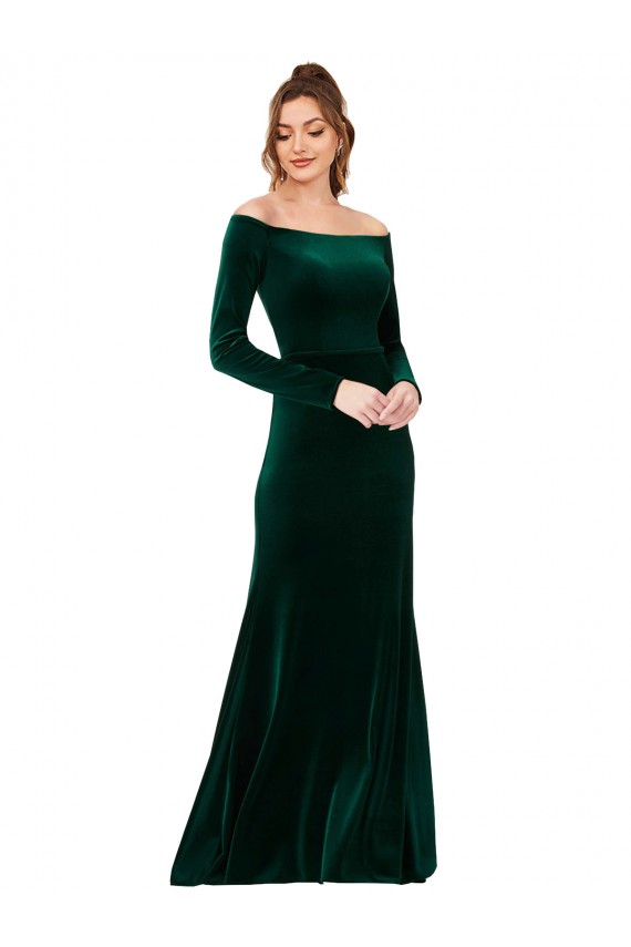 Off the Shoulder Long Stretch Velvet Dark Green Long Sleeves Formal Evening Gown / Prom Dress / Bridesmaid Dress Darwin