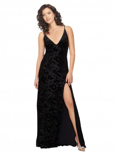V-Neck Long Floral Velvet & Stretch Velvet Black Sleeveless Bridesmaid Dress Darwin