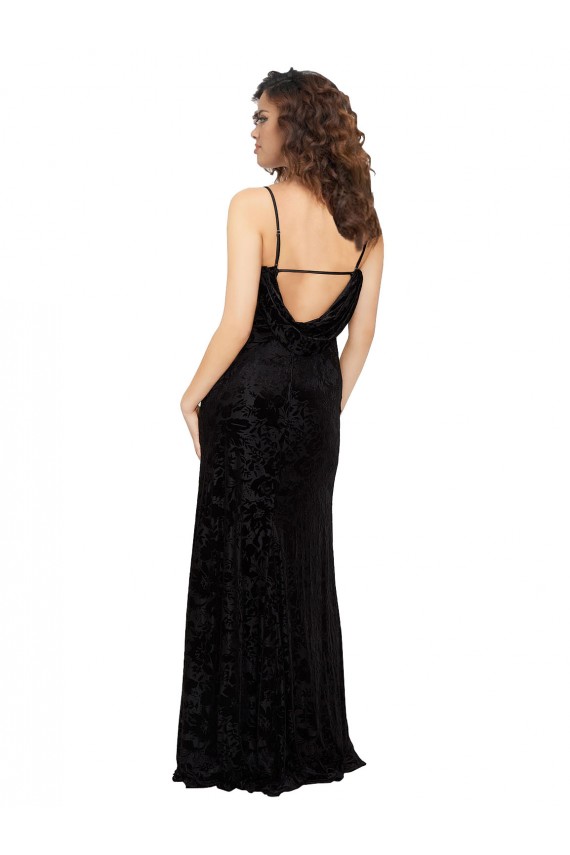 V-Neck Long Floral Velvet & Stretch Velvet Black Sleeveless Bridesmaid Dress Darwin