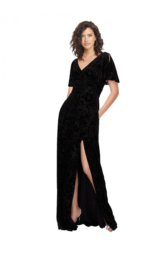 V-Neck Long Floral Velvet & Stretch Velvet Black Short Split Sleeves Bridesmaid Dress Darwin