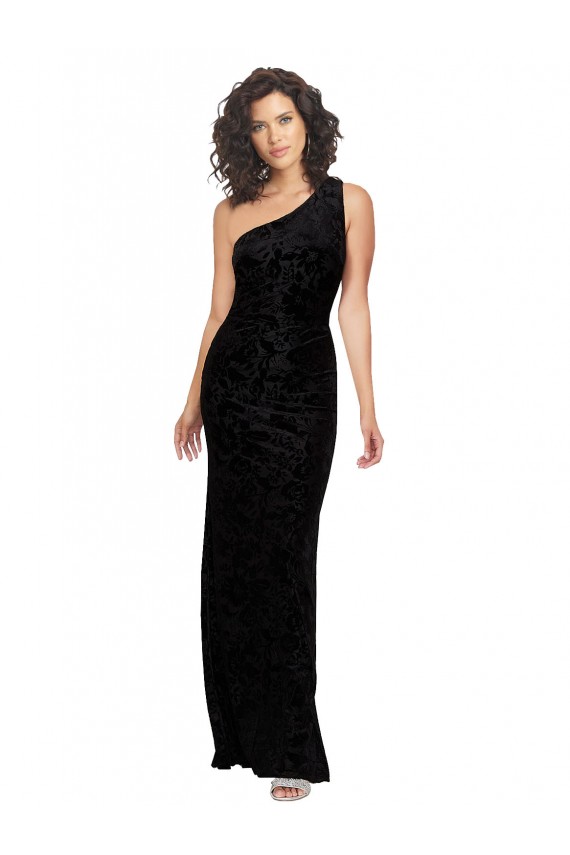 One Shoulder Long Floral Velvet & Stretch Velvet Black Sleeveless Bridesmaid Dresses Darwin
