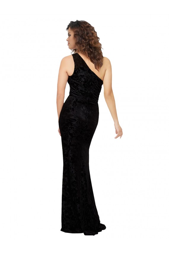 One Shoulder Long Floral Velvet & Stretch Velvet Black Sleeveless Bridesmaid Dresses Darwin