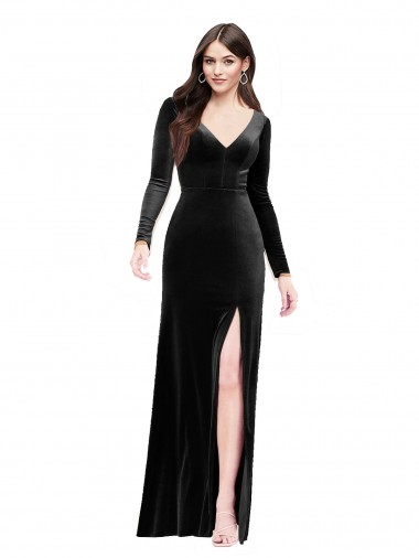 V-Neck Long Stretch Velvet Black Long Sleeves Formal Evening Gown / Prom Dress / Bridesmaid Dress Darwin