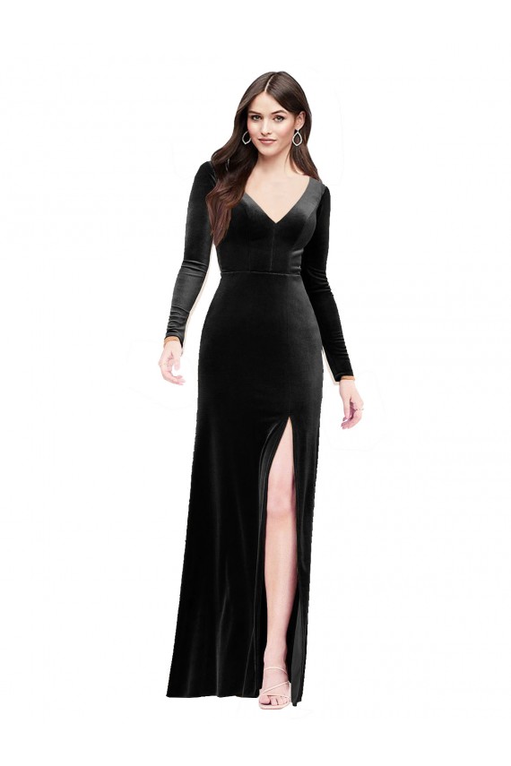 V-Neck Long Stretch Velvet Black Long Sleeves Formal Evening Gown / Prom Dress / Bridesmaid Dress Darwin
