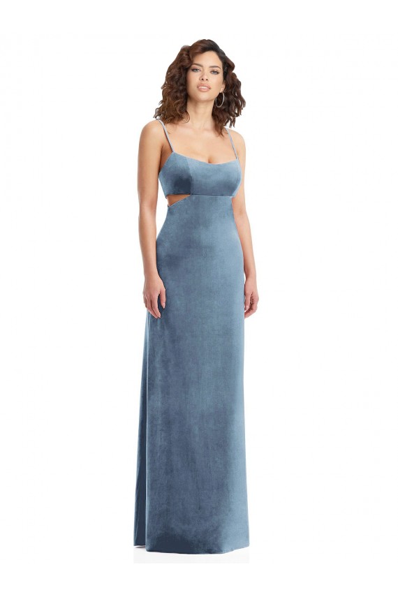 Square Neck Long Stretch Velvet Dusty Blue Sleeveless Formal Evening Gown / Prom Dress / Bridesmaid Dress Darwin