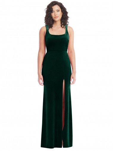 Square Neck Long Stretch Velvet Dark Green Sleeveless Semi Formal Evening Dress / Prom Dress / Bridesmaid Dress Darwin