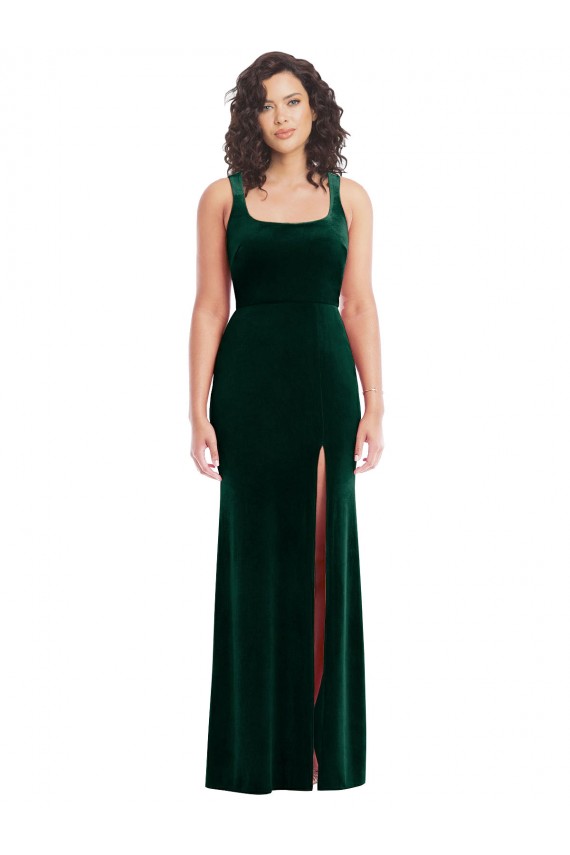 Square Neck Long Stretch Velvet Dark Green Sleeveless Semi Formal Evening Dress / Prom Dress / Bridesmaid Dress Darwin