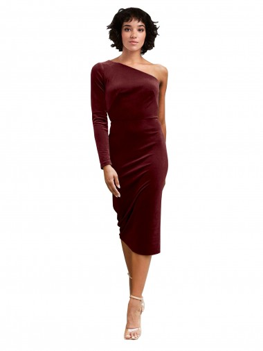 One Shoulder Midi Length Stretch Velvet Burgundy Long Sleeves Black Tie Prom Dress / Bridesmaid Dress Darwin