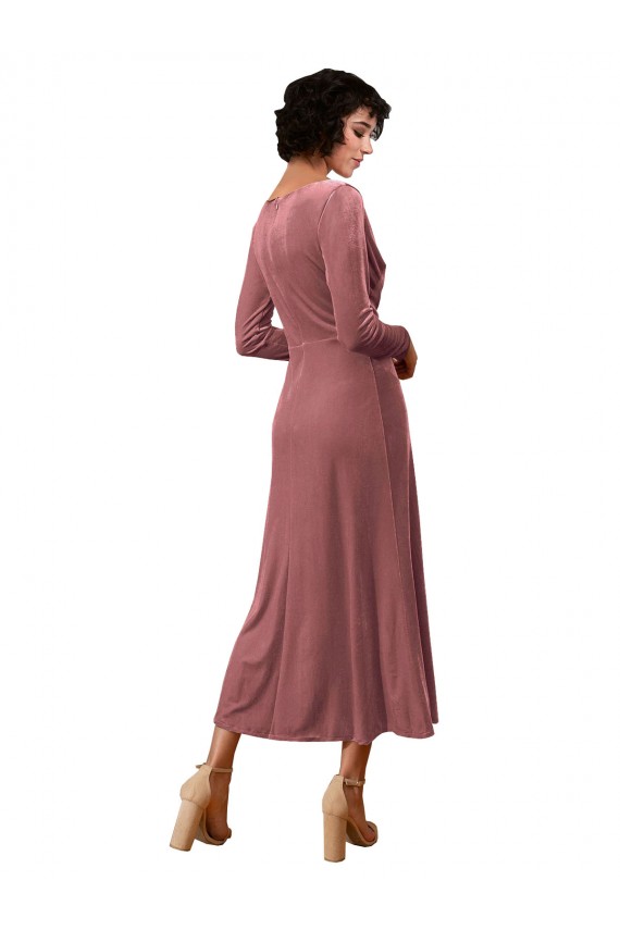 V-Neck Midi Length Stretch Velvet Cinnamon Rose Long Sleeves Black Tie Prom Dress / Bridesmaid Dress Darwin