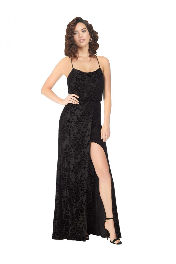 Cowl Neck Long Floral Velvet & Stretch Velvet Black Sleeveless Bridesmaid Dress Darwin