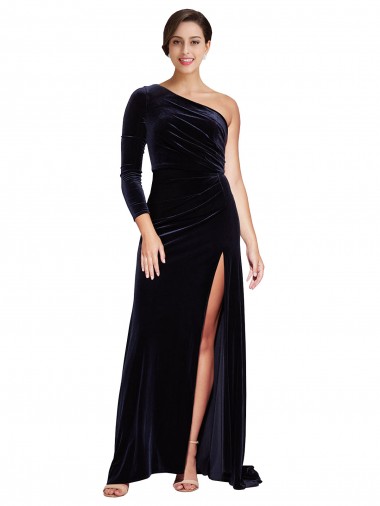One Shoulder Sweep Train Stretch Velvet Dark Navy Long Sleeves Formal Evening Gown / Prom Dress / Bridesmaid Dress Darwin