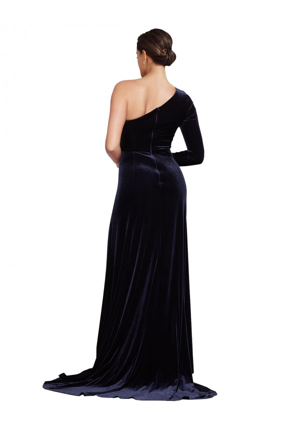 One Shoulder Sweep Train Stretch Velvet Dark Navy Long Sleeves Formal Evening Gown / Prom Dress / Bridesmaid Dress Darwin