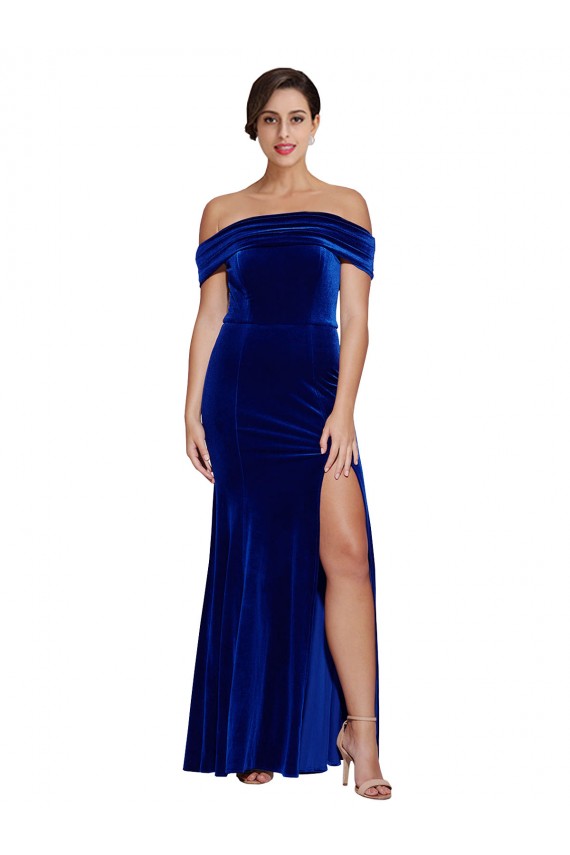 Off the Shoulder Long Stretch Velvet Royal Blue Sleeveless Formal Evening Gown / Prom Dress / Bridesmaid Dress Darwin