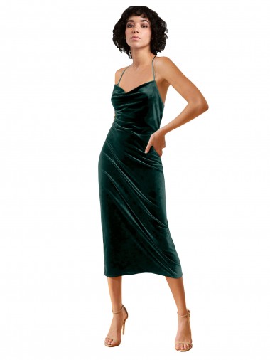 Cowl Neck Midi Length Stretch Velvet Dark Green Sleeveless Formal Dress / Bridesmaid Dress Darwin