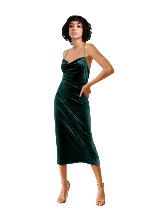 Cowl Neck Midi Length Stretch Velvet Dark Green Sleeveless Formal Dress / Bridesmaid Dress Darwin