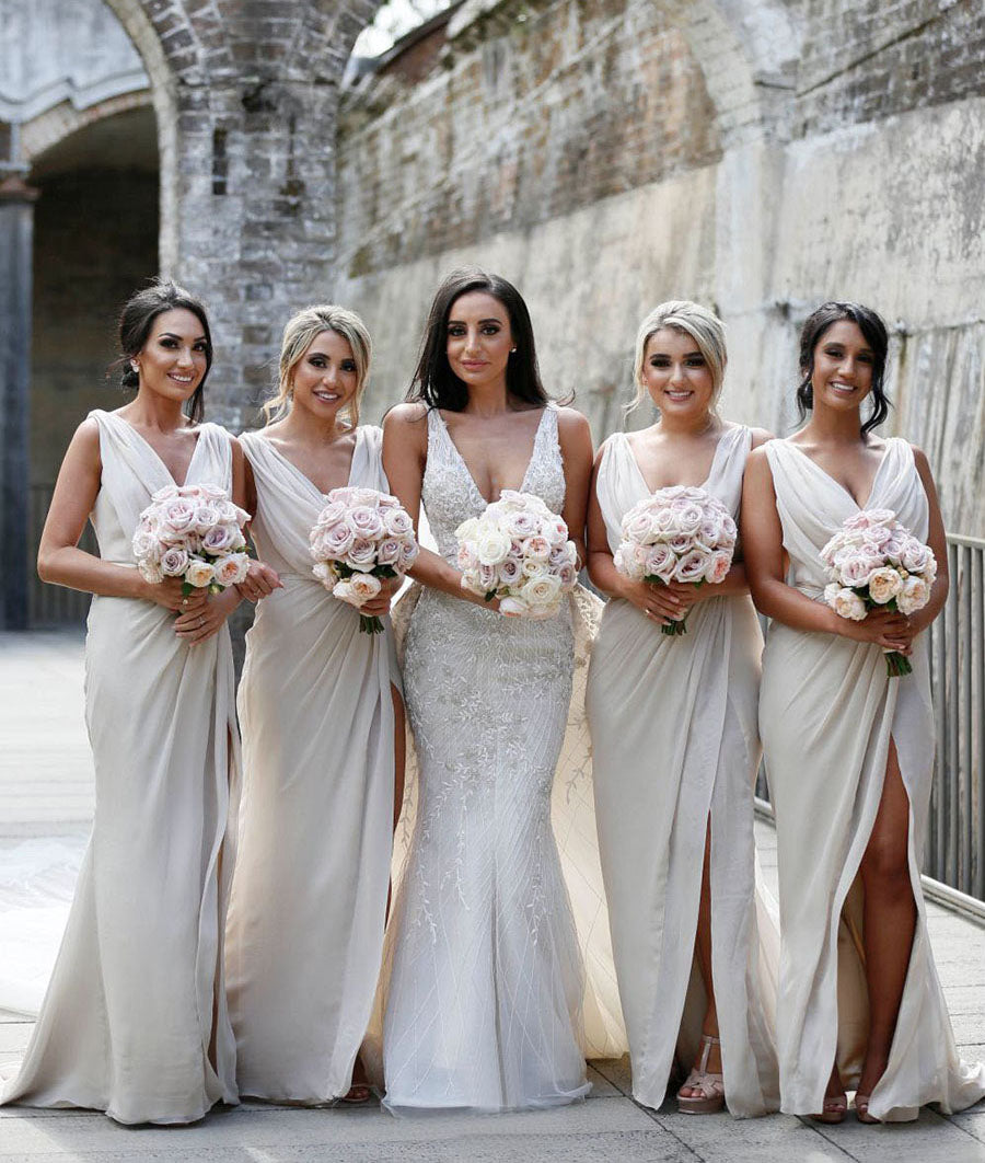 Full Length Luxe Chiffon Long Champagne bridesmaid dresses Darwin with Sexy High Slit and Front Ruffles