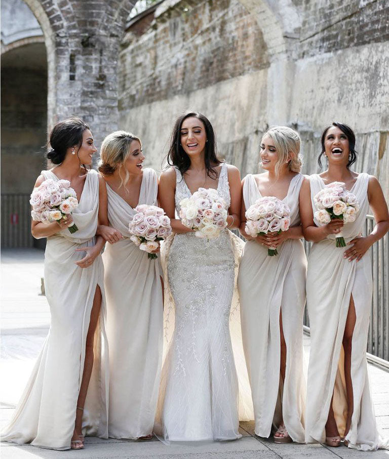 Full Length Luxe Chiffon Long Champagne bridesmaid dresses Darwin with Sexy High Slit and Front Ruffles