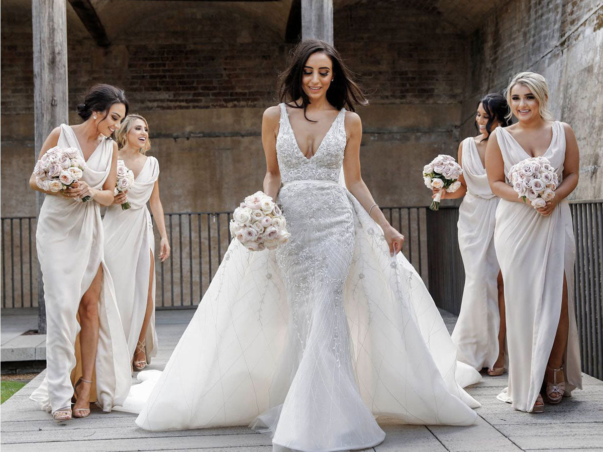 Full Length Luxe Chiffon Long Champagne bridesmaid dresses Darwin with Sexy High Slit and Front Ruffles