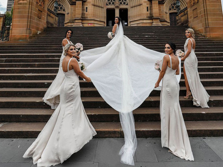 Full Length Luxe Chiffon Long Champagne bridesmaid dresses Darwin with Sexy High Slit and Front Ruffles