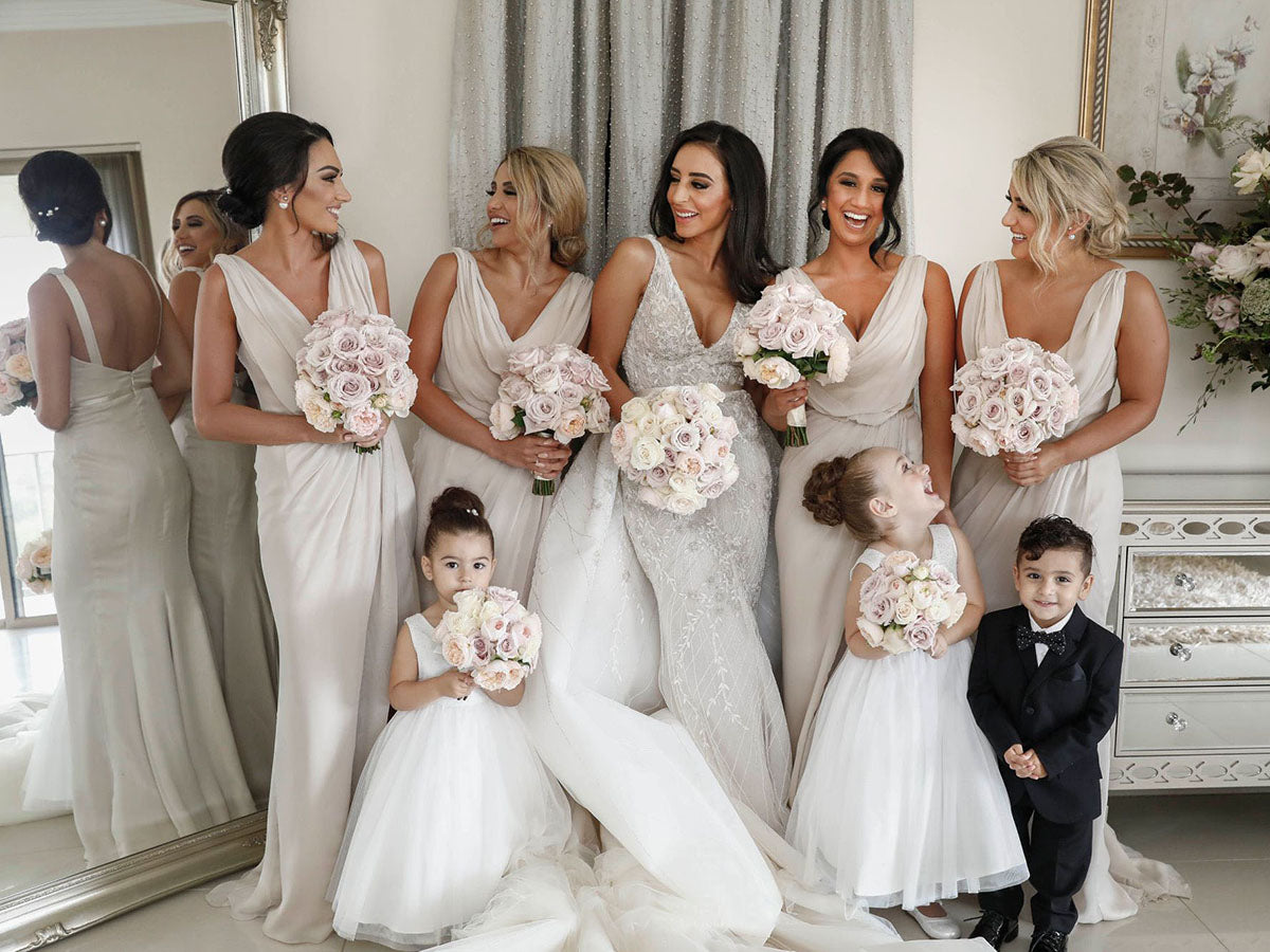 Full Length Luxe Chiffon Long Champagne bridesmaid dresses Darwin with Sexy High Slit and Front Ruffles