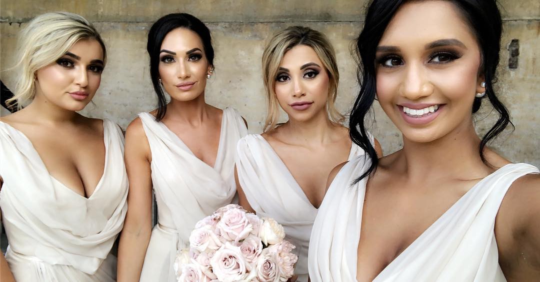 Full Length Luxe Chiffon Long Champagne bridesmaid dresses Darwin with Sexy High Slit and Front Ruffles
