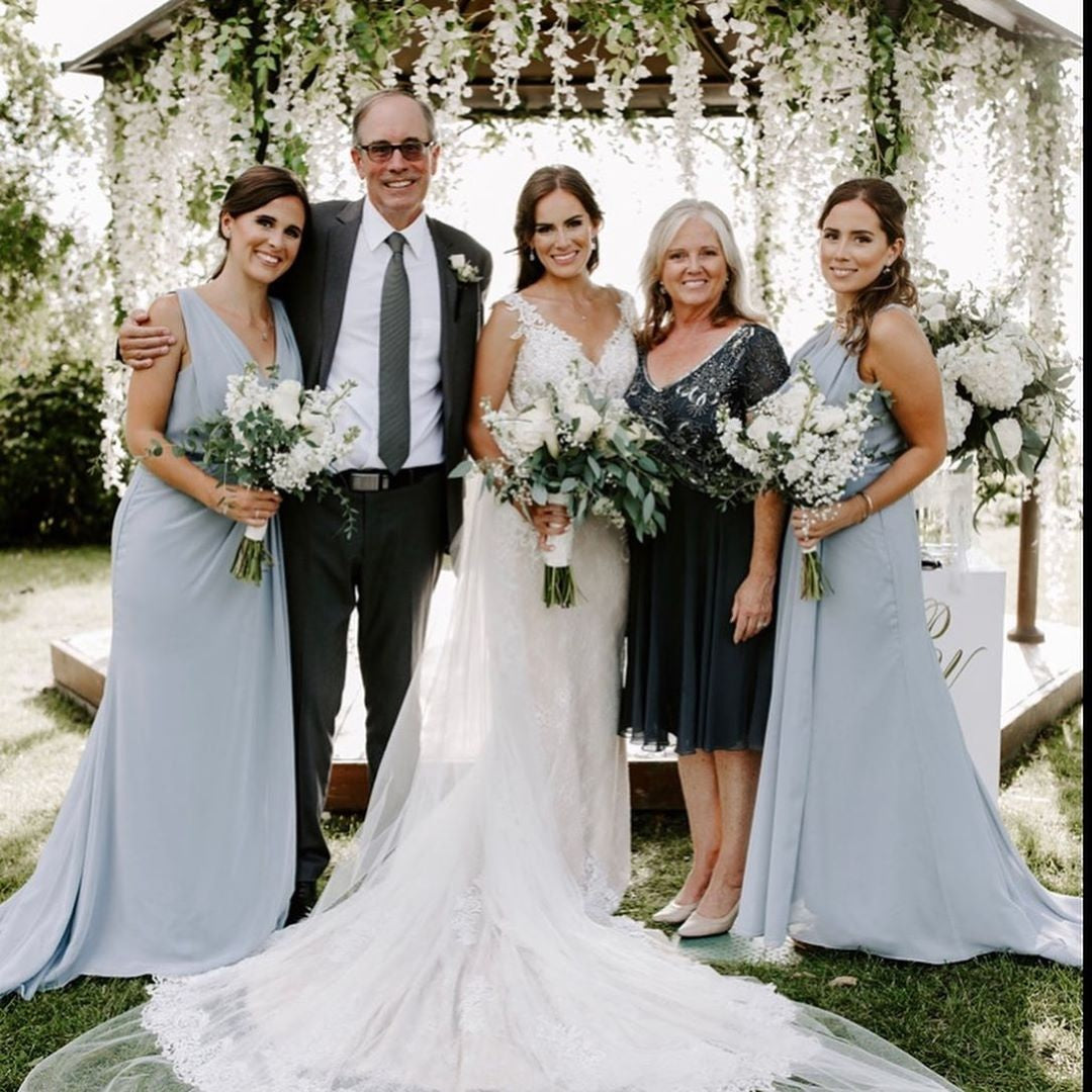 Dusty Blue Full Length Luxe Chiffon Long Champagne bridesmaid dresses Darwin with Sexy High Slit and Front Ruffles