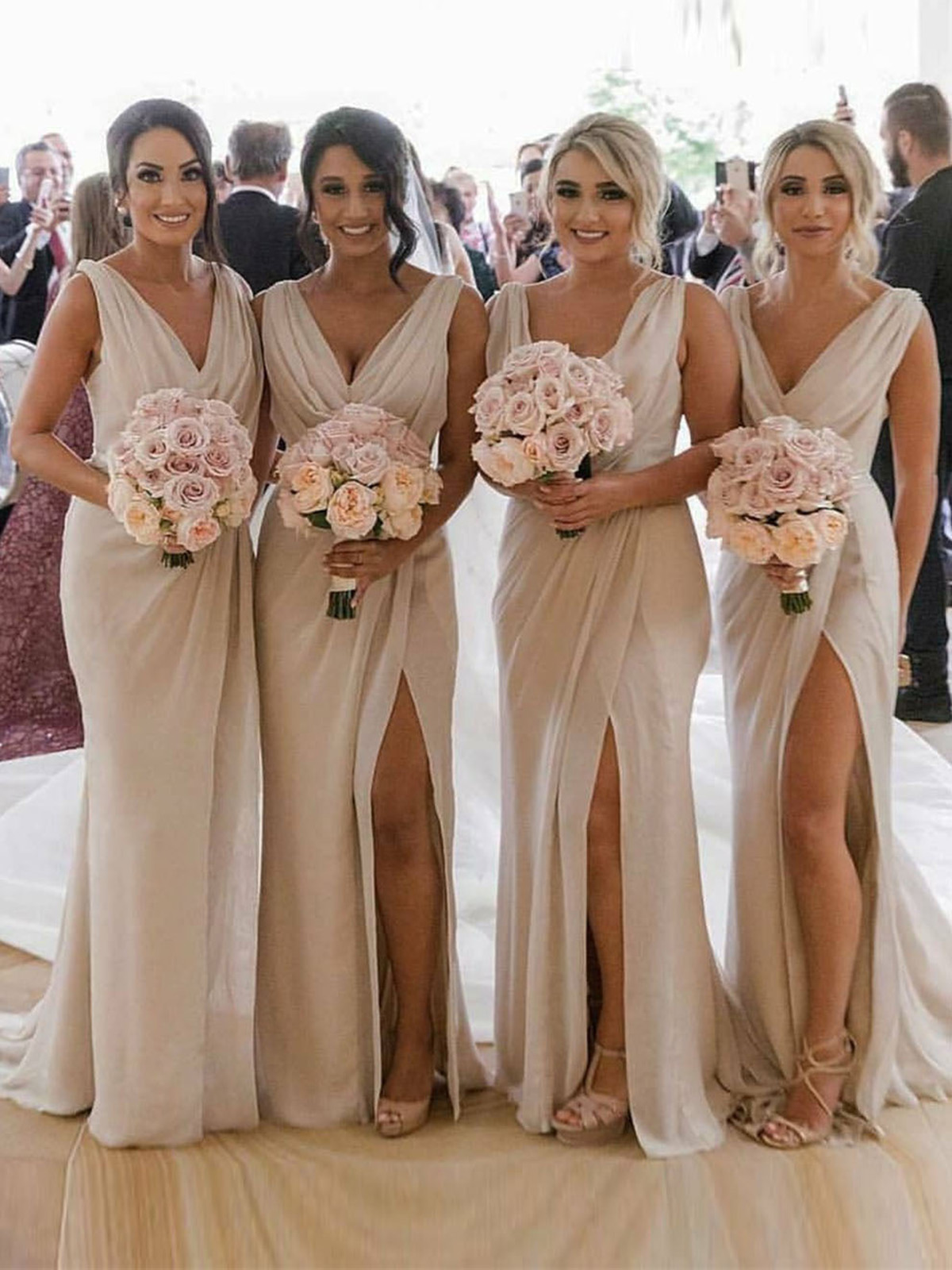 Champagne Full Length Luxe Chiffon Long Champagne bridesmaid dresses Darwin with Sexy High Slit and Front Ruffles